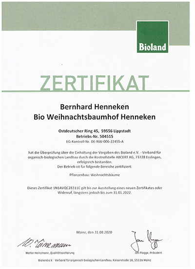 Bioland Zertifikat Bernhard Henneken Bio Weihnachtsbaumhof